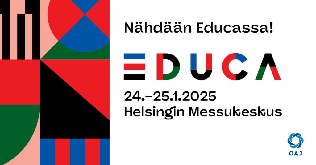 Educa-messujen mainosbanneri, jossa teksti "Nähdään Educassa 24.-25-1-2025 Helsingin Messukeskus."